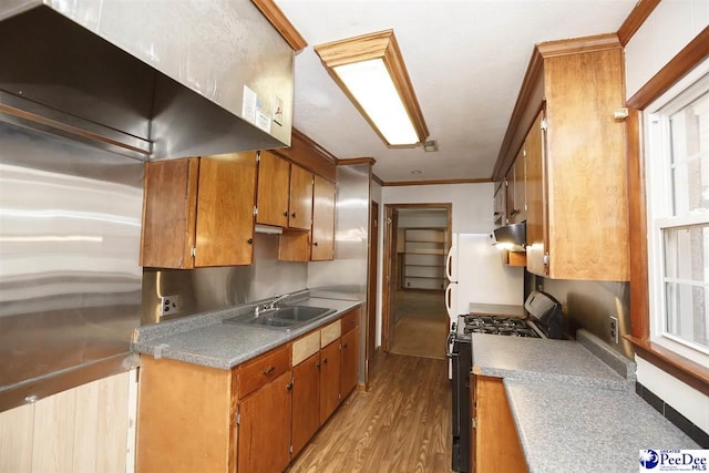 kitchen with ornamental molding, sink, gas stove, and light wood-type flooring