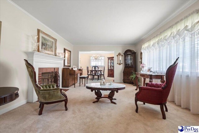 2338 W Mccown Dr, Florence, SC 29501 - sitting room featuring a chandelier, crown molding, light carpet, and a fireplace