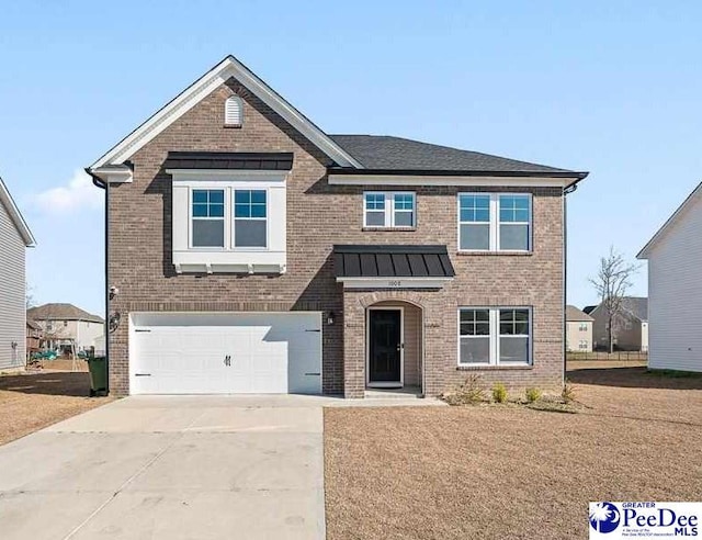 view of front of property with driveway, a garage, metal roof, a standing seam roof, and brick siding