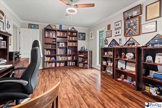 3844 W Lake Dr, Florence, SC 29501 - home office with wood finished floors, ornamental molding, and ceiling fan