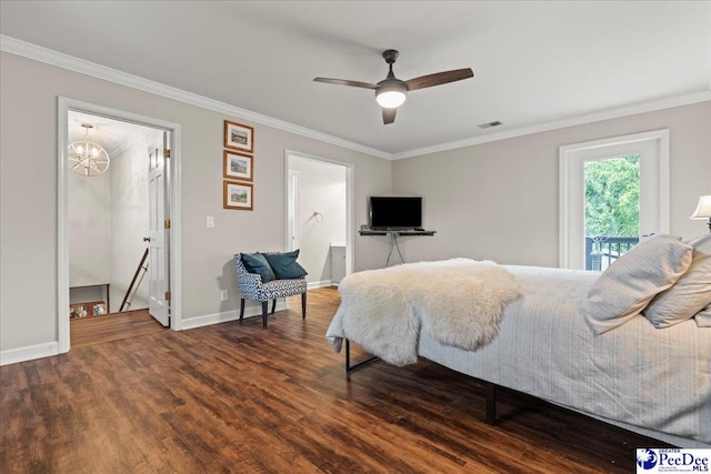 3844 W Lake Dr, Florence, SC 29501 - bedroom with wood finished floors, crown molding, a chandelier, and a ceiling fan