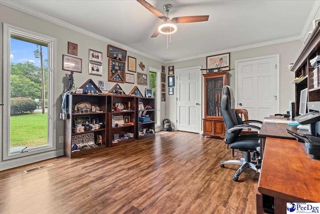 3844 W Lake Dr, Florence, SC 29501 - home office with wood finished floors, ceiling fan, and crown molding