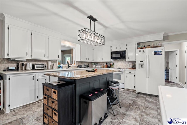 3844 W Lake Dr, Florence, SC 29501 - kitchen featuring white appliances, white cabinets, ornamental molding, tasteful backsplash, and a kitchen island