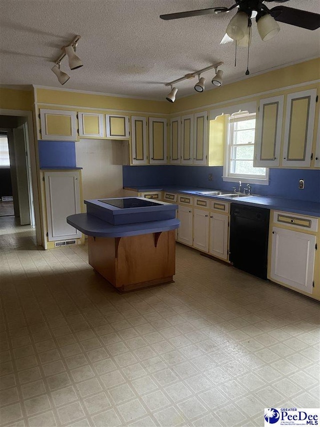 108 Swails St, Kingstree, SC 29556 - kitchen with track lighting, black dishwasher, a sink, a ceiling fan, and a textured ceiling