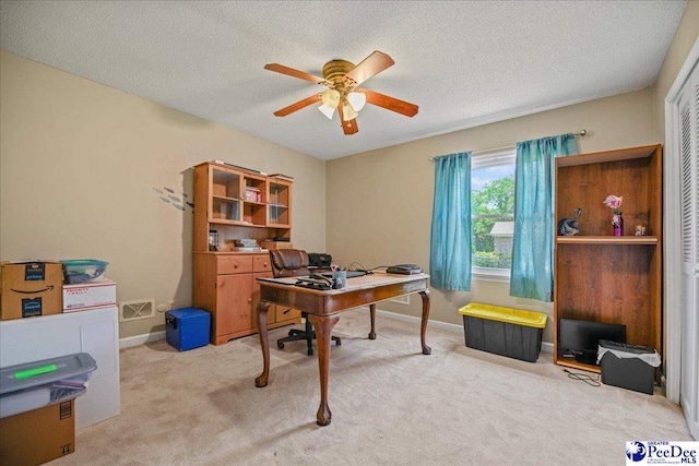 133 Peacock Row, Lamar, SC 29069 - office area with ceiling fan, light carpet, baseboards, and a textured ceiling