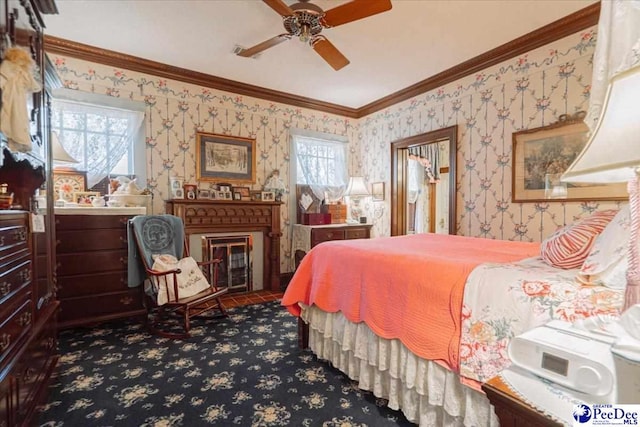 carpeted bedroom with ornamental molding