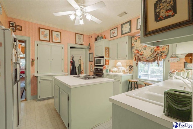 laundry area with crown molding, ceiling fan, and sink