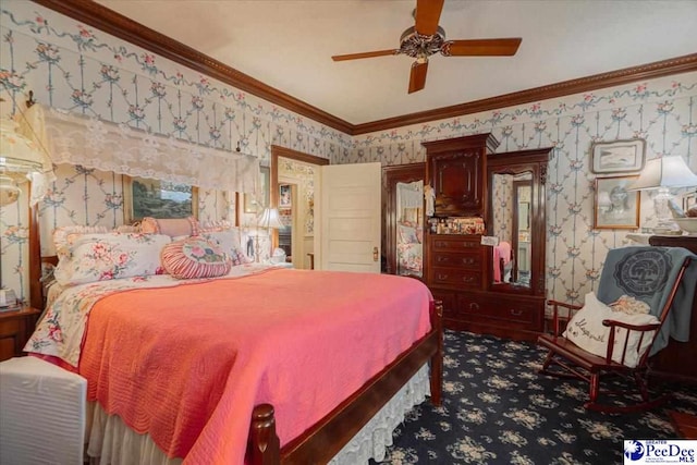 bedroom with ornamental molding and ceiling fan