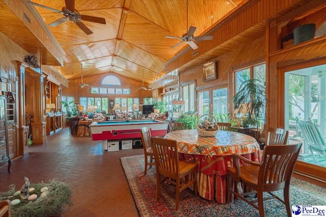 dining room with ceiling fan, plenty of natural light, high vaulted ceiling, and wood walls