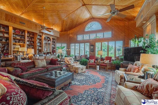 living room featuring built in features, wooden ceiling, and wood walls