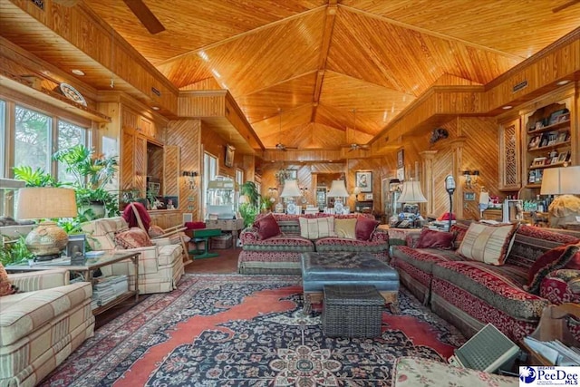 living room featuring high vaulted ceiling, wooden ceiling, and wood walls