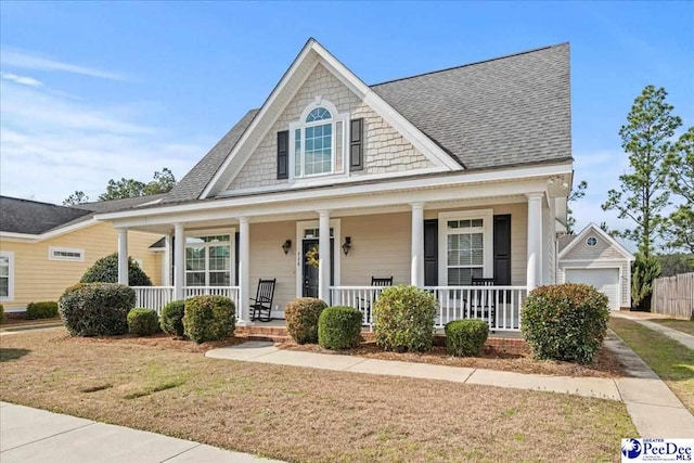 view of front of home featuring covered porch, a shingled roof, and a detached garage