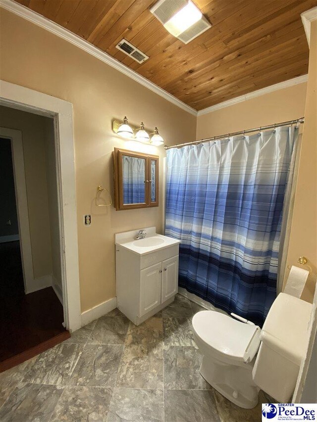202 S Warley St, Darlington, SC 29532 - bathroom featuring wooden ceiling, toilet, vanity, baseboards, and crown molding