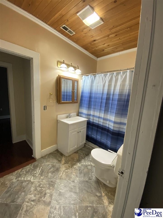 full bath with wooden ceiling, toilet, vanity, visible vents, and ornamental molding