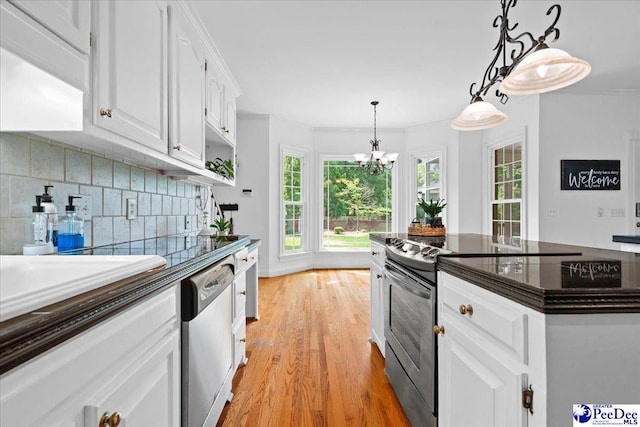 3402 Sussex Ct, Florence, SC 29501 - kitchen with dark countertops, stainless steel range with electric stovetop, dishwasher, white cabinets, and light wood-style flooring