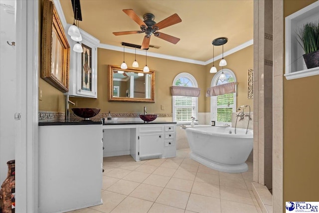 3402 Sussex Ct, Florence, SC 29501 - full bathroom with crown molding, vanity, a freestanding bath, tile patterned floors, and ceiling fan