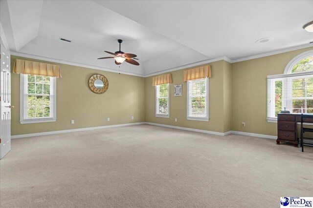 3402 Sussex Ct, Florence, SC 29501 - spare room with light colored carpet, crown molding, ceiling fan, and a raised ceiling