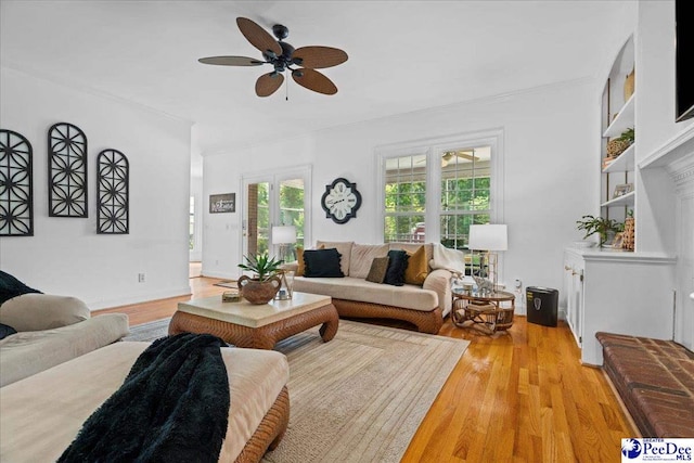 3402 Sussex Ct, Florence, SC 29501 - living room featuring a ceiling fan, light wood-type flooring, and crown molding