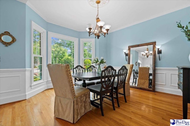 3402 Sussex Ct, Florence, SC 29501 - dining room featuring a chandelier, healthy amount of natural light, light wood-type flooring, wainscoting, and crown molding