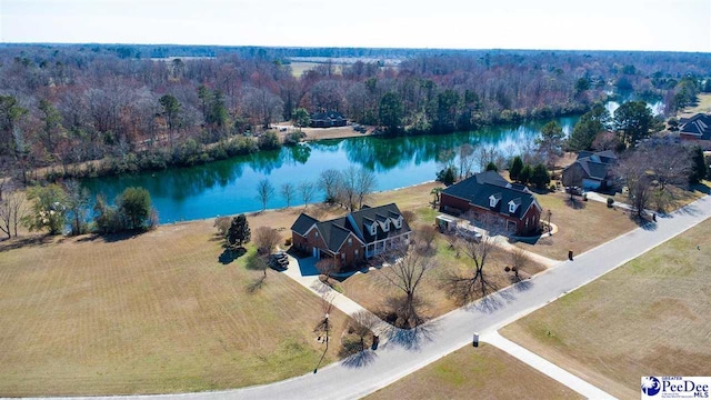 aerial view featuring a water view and a wooded view