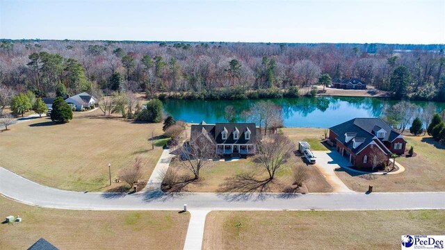 bird's eye view featuring a water view and a forest view