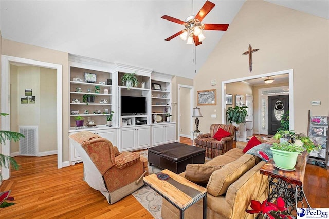 living room featuring high vaulted ceiling, visible vents, baseboards, a ceiling fan, and light wood-type flooring