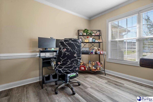 office area with crown molding and wood-type flooring