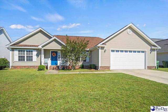 view of front of home featuring a porch, a garage, and a front yard