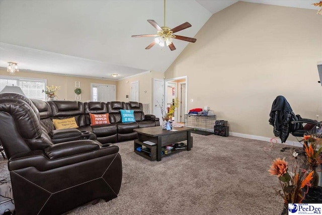 living room with ceiling fan, carpet, and high vaulted ceiling