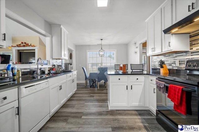 kitchen featuring dark hardwood / wood-style flooring, black range with electric stovetop, white cabinets, and dishwasher