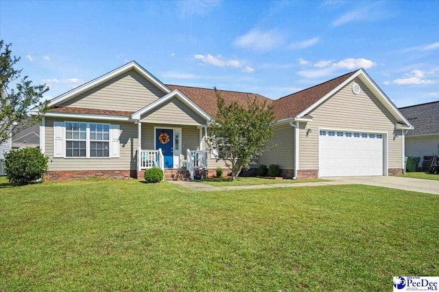 ranch-style house featuring a garage, covered porch, and a front lawn