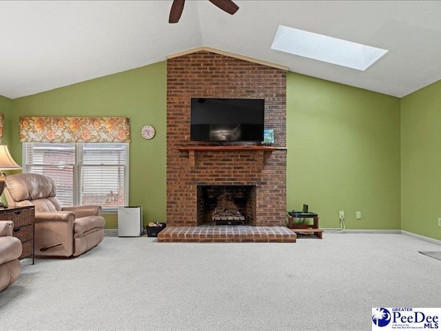 carpeted living room with lofted ceiling, a fireplace, and ceiling fan