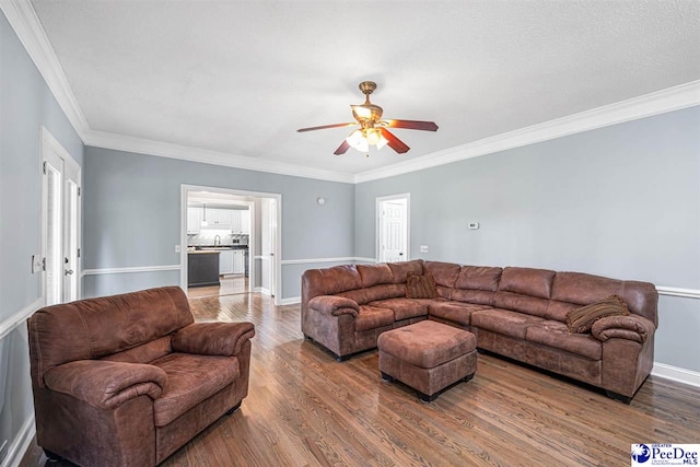 912 Ivanhoe Dr, Florence, SC 29505 - living room with ceiling fan, wood finished floors, and crown molding