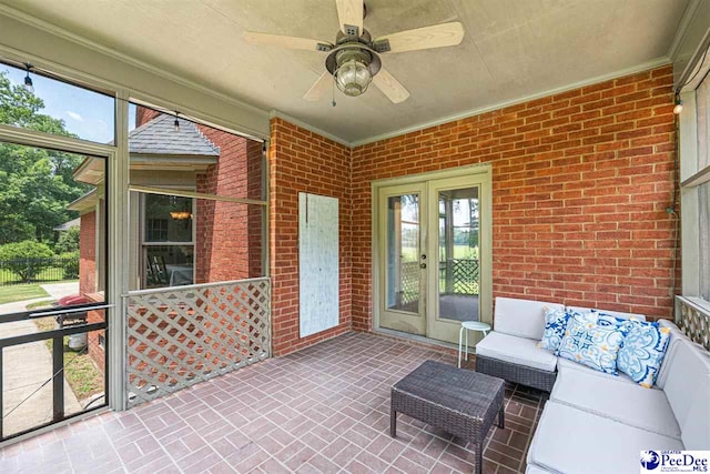 912 Ivanhoe Dr, Florence, SC 29505 - sunroom featuring french doors, a ceiling fan, and an outdoor living space