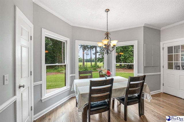 912 Ivanhoe Dr, Florence, SC 29505 - dining area featuring a chandelier, healthy amount of natural light, a textured ceiling, wood finished floors, and ornamental molding