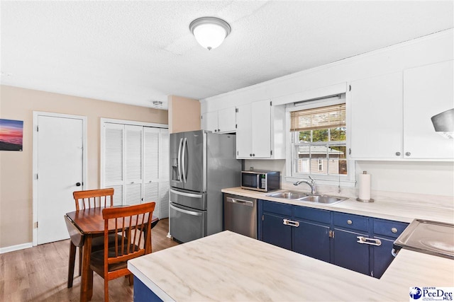 kitchen with appliances with stainless steel finishes, light countertops, a sink, and blue cabinetry