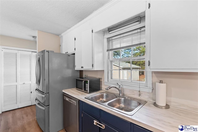 kitchen with blue cabinets, a sink, white cabinetry, light countertops, and appliances with stainless steel finishes