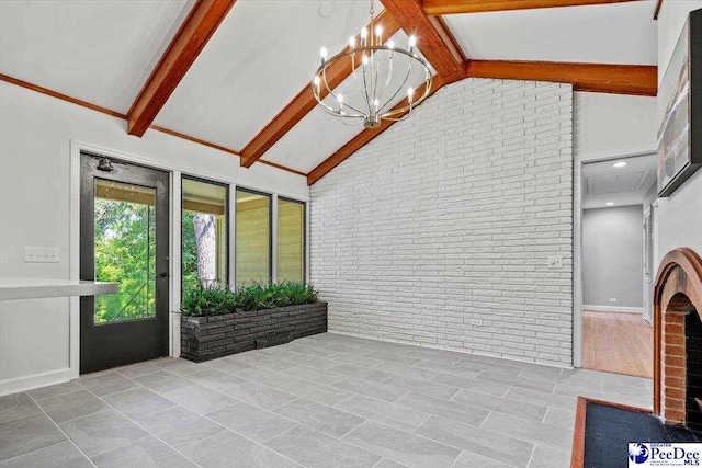 unfurnished sunroom featuring vaulted ceiling with beams and a chandelier