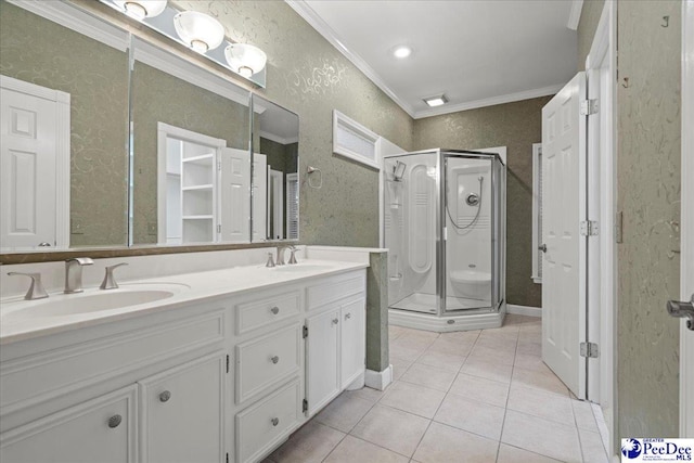 3406 Sussex Ct, Florence, SC 29501 - bathroom featuring tile patterned flooring, vanity, ornamental molding, and walk in shower