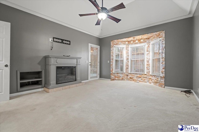 3406 Sussex Ct, Florence, SC 29501 - unfurnished living room featuring ceiling fan, light colored carpet, and ornamental molding