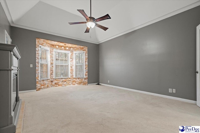 3406 Sussex Ct, Florence, SC 29501 - unfurnished room featuring light carpet, crown molding, vaulted ceiling, and ceiling fan
