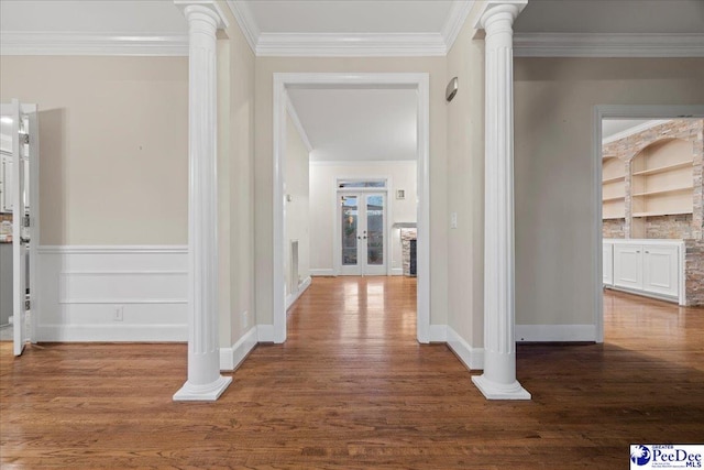 3406 Sussex Ct, Florence, SC 29501 - hall featuring crown molding, dark hardwood / wood-style floors, and decorative columns