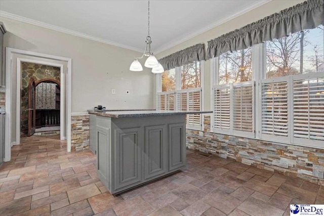 3406 Sussex Ct, Florence, SC 29501 - kitchen with pendant lighting, gray cabinets, ornamental molding, and a center island