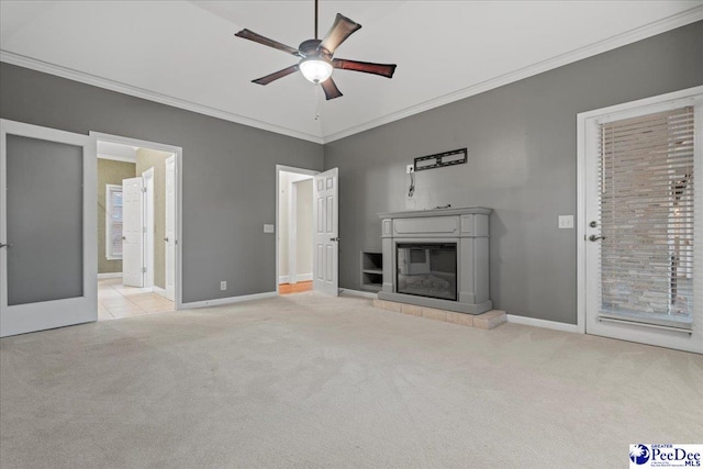 3406 Sussex Ct, Florence, SC 29501 - unfurnished living room with light carpet, a fireplace, ornamental molding, and ceiling fan