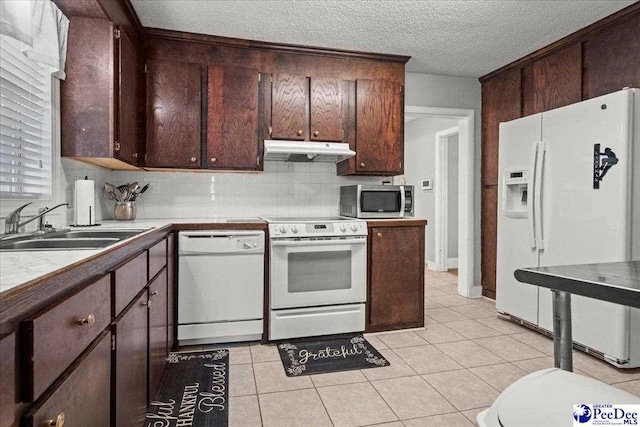 907 Adams Ave, Florence, SC 29501 - kitchen with under cabinet range hood, white appliances, a sink, and dark brown cabinets