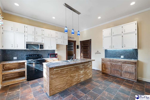 kitchen with pendant lighting, crown molding, white cabinetry, light stone countertops, and black / electric stove