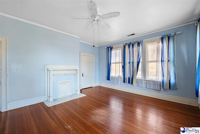 unfurnished living room with crown molding, hardwood / wood-style floors, and ceiling fan