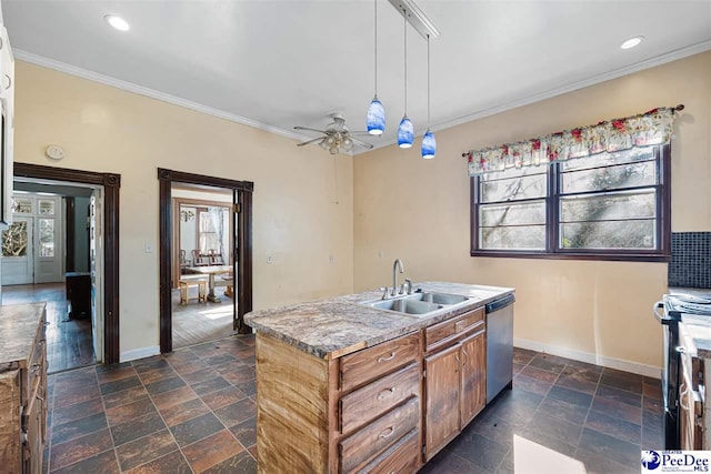 kitchen featuring sink, stove, stainless steel dishwasher, crown molding, and a center island with sink