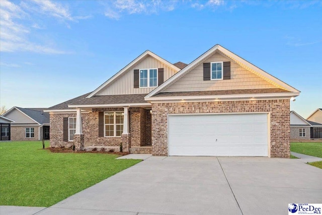 4064 Crest Cv, Florence, SC 29501 - craftsman inspired home with a front yard, concrete driveway, and brick siding