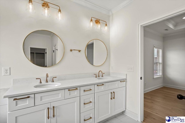 4064 Crest Cv, Florence, SC 29501 - full bathroom featuring double vanity, ornamental molding, a sink, and baseboards